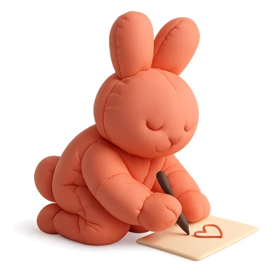 coral bunny kneeling while writing a love letter, cushion style sticker