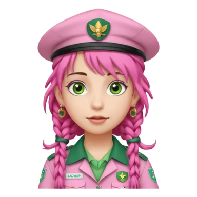 very pretty girl big green eyes, scout girl with pretty pink uniform, pink dreadlocks, and big earrings and scouts hat sticker