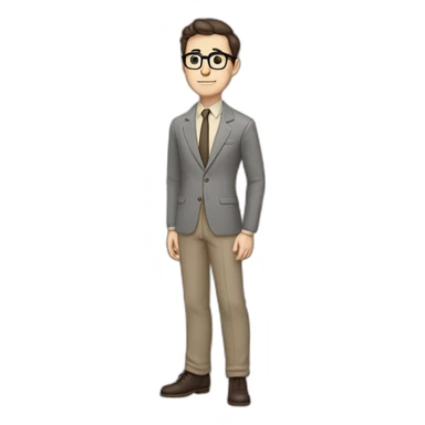 Full height Pale skinned Fit Man With dark brown hair in gray jacket, beige office shirt, tie, Brown pants and vintage glasses. Thrumbs of his palms directed up sticker