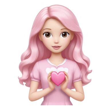 White Barbie girl with long wavy dark brown hair in pale pink clothes holds pale pink heart sticker