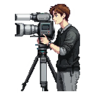 cinéaste de profil ou 3/4 tenant une vraie caméra broadcast professionnelle, œil dans l’œilleton, cadrant devant lui, personnage entier de la tête aux pieds sticker