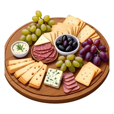 Delicious charcuterie board with assorted cheeses, meats, crackers, grapes, and olives arranged beautifully on a wooden board sticker