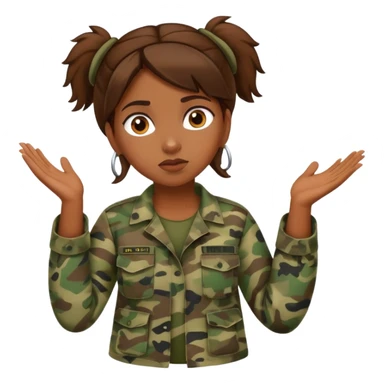 brown-skinned girl in camouflage, brown hair, shrugging sticker