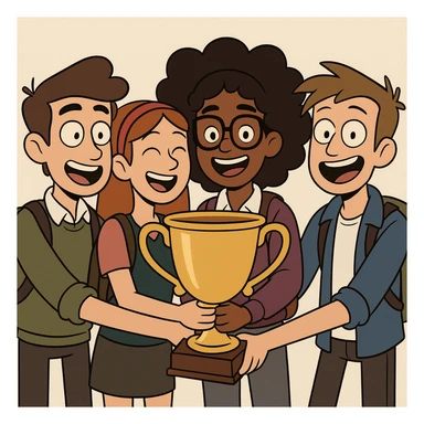 équipe de quatre étudiants, tous souriants, tenant un grand trophée, style dessin animé moderne, fond minimaliste sticker