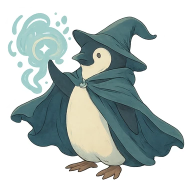 penguin wizard with a flowing cloak and magical aura sticker