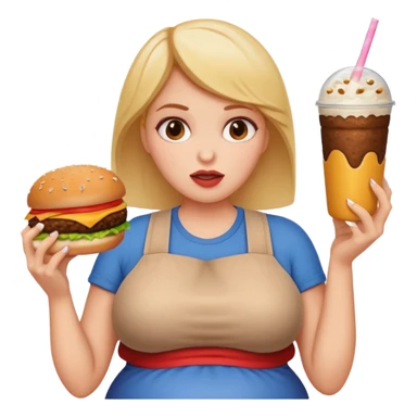 woman stuffing her face with the crumbs laying on her big belly and a burger and milkshake in her hand spilling all over sticker