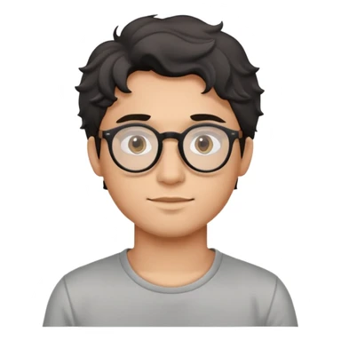 Young man with black wavy hair, round glasses, casual grey t-shirt sticker