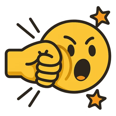flat-toon style cartoon emoji of a dramatic face punch moment: yellow emoji fist punching another yellow emoji face from the side, squished cheek, shocked expression, comic motion lines or stars, smooth bold outlines, clean modern emoji design sticker