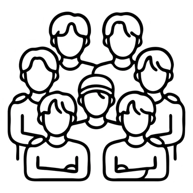 BTS K-pop group outlined icon style, simplified faces and hair, group pose, minimal background sticker