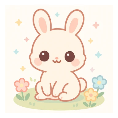 adorable chibi bunny with big round eyes, soft fluffy fur, pink cheeks, sitting on grass with colorful flowers, pastel colors, springtime, kawaii digital cartoon, high resolution sticker