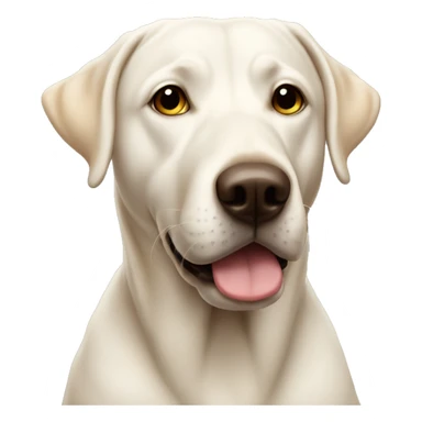 White lab wearing poop emoji on its head sticker
