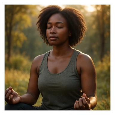 realistic style portrait of a black woman meditating, with a nature background and warm light sticker