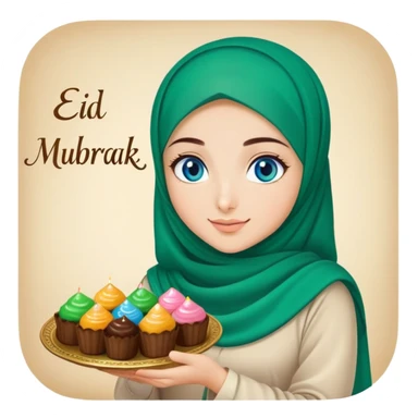 Turkish beautiful finish Konya girl blue eyes with green emerald hijab islamic dress and had on her hand text Eid Mubarak with sweets and celebrating with her friends eid days   sticker