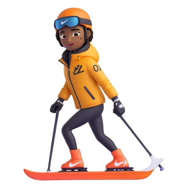 skier with brown skin, Nike logo on jacket, sleeve tattoos, in a modern 3D emoji style sticker