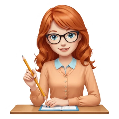 redheaded woman with long wavy hair and bangs, blue eyes, cat-eye glasses, wearing a pencil skirt and apricot blouse, holding a pencil, smiling sticker