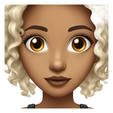 Chica morena de piel con pelo castaño oscuro listo y largo. Cara delgada, ojos rasgados y marrones oscuros y labios carnosos. Maquillada. Delgada . Top blanco.  sticker