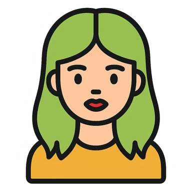 girl with green hair like Billie Eilish and red lipstick, color outline icon style sticker