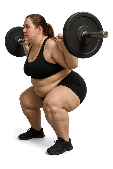 donna leggermente in sovrappeso con lipedema alle gambe che fa uno squat di profilo con bilanciere, IPERREALISTICA 4K sticker