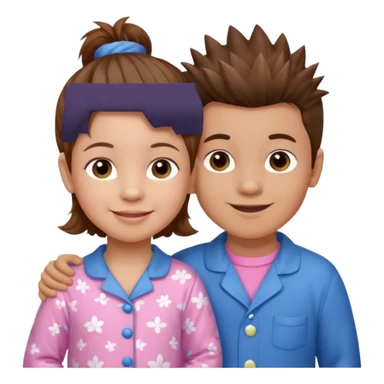 Try another - a smaller toddler girl with brown hair with her hair up, wearing pink pajamas and a bigger 4 year old boy with spikey brown hair, wearing blue pajamas. Both light skin and smiling.  sticker