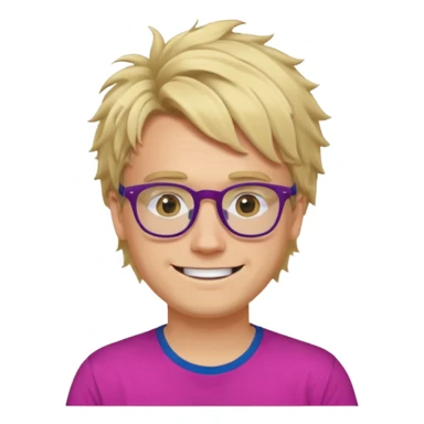 A blond guy with messy hair is smiling. He wear black and dark blue glasses and a fushia T-shirt.  sticker
