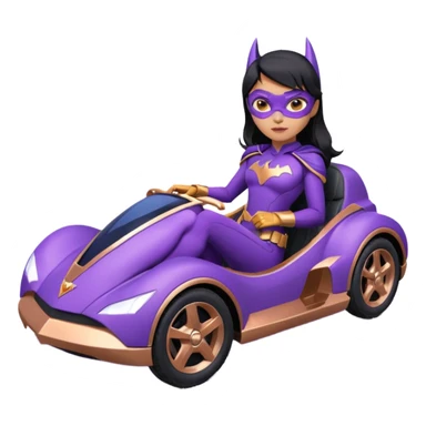 Hot full size real-appearance racing action BatGirl’s Lego feminine midnight-purple tight outfit sixty’s tv show 1992 stealth retro cat burglar sporty petite off-road pursuit hovering hover cruiser car rose gold accents (black hair,reclined and relaxed seating position and attitude) desert sticker