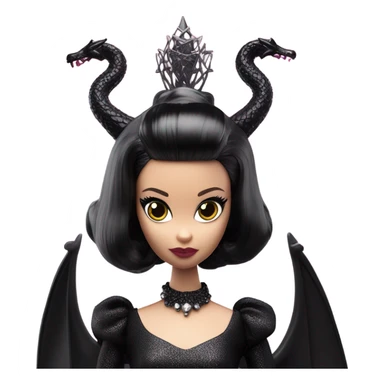 evening dressed, Wednesday Addams Barbie Jedi wearing a mini tiara, riding on the back of a very large black shiny evil-looking fire-spewing horned dragon sticker