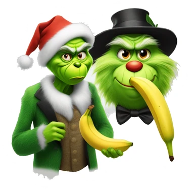 Grinch eating a banana with a top hat and a cat sticker