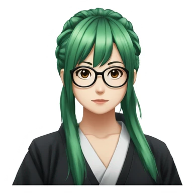 Maki zenin from jujutsu kaisen, Green hair tied one pony tail,side bangs, visible glasses, serious face, wear black leggings, Jujutsu kaisen women uniform sticker