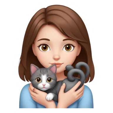 Girl with brown hair holding a grey and black kitten with love hearts around  sticker