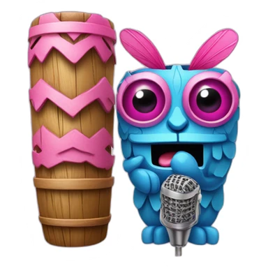 Cartoon Blue and pink tiki singing with butterfly and mikrophone sticker