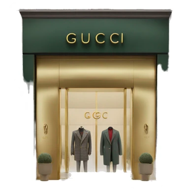 “Gucci store exterior with gold logo above entrance, large glass windows displaying luxury fashion, and elegant double doors.” sticker