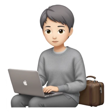 페르소나 요약 : 교환학생을 준비하는 대학생. 동양인 중성 20대의 상반신, 캐주얼한 옷(니트, 맨투맨)을 입은 채 노트북을 보고 있으며 옆 한켠에는 캐리어가 함께 준비되어 있어요. 안경은 끼지 않았어요 sticker