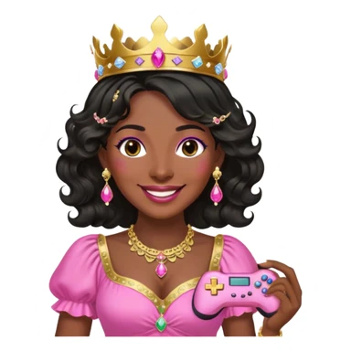 Crown dark black women smiling with really long WAVY hair pink dress pink crown facing forward black hair middle age adult woman gold gems in crown gold earrings  one woman smiling wink head only with holding game controller on side sticker