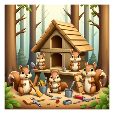 squirrel hut under construction with four workers sticker