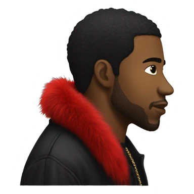 side profile of a hip hop artist. he is wearing a black coat. the coat also has a red furry collar. sticker