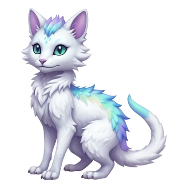 Kawaii white pastel iridescent beautiful pretty elegant divine edgy fantasy feline-vernid-sergal-fursona animal creature with a tufted tail full body with intricate markings  sticker