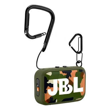 JBL Go Clip 4 portable speaker with camouflage colors and carabiner clip sticker