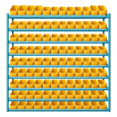 "Each product is stocked in multiple units placed directly behind one another on the same shelf, forming deep horizontal lines of identical items, while different product types are arranged vertically in separate columns." sticker