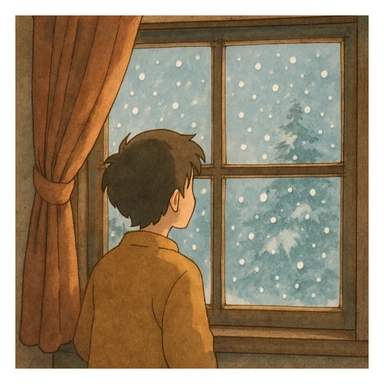 ghibli style illustration of someone watching snow fall through a window sticker