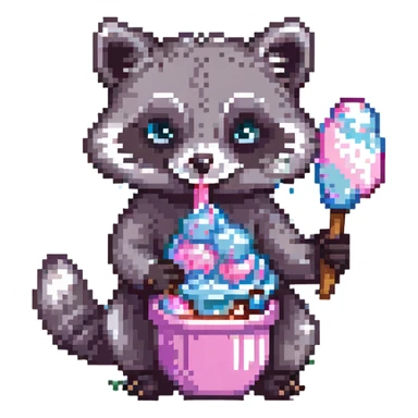 raccoon eating cotton candy, pixel art style sticker