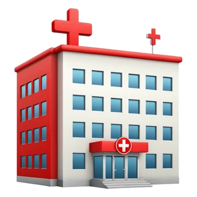 A hospital building with a large red +. In PNG format. sticker