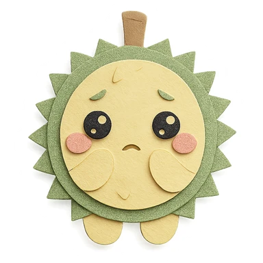 soft fluffy round durian in chibi style, green spiky shell, yellow flesh, blushing, shy, sparkly eyes, pastel tones, full-body sticker