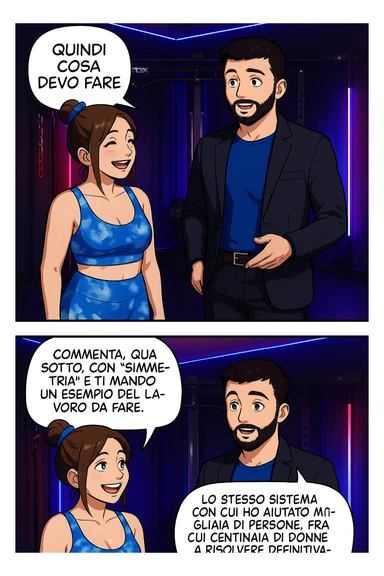TRASFORMA QUESTO CAROSELLO IN UN FUMETTO STILE WEBTOON/MANGA A COLORI CON QUESTE DUE PERSONE IDENTICHE CHE INTERLOQUISCONO TRA LORO, LA DONNA SEMBRA SOLLEVATA/SODDISFATTA E CONTENTA:

LEI (DONNA): Quindi cosa devo fare?
LUI (UOMO): Commenta, qua sotto, con “simmetria” e ti mando un esempio del lavoro da fare. Lo stesso sistema con cui ho aiutato migliaia di persone, fra cui centinaia di donne a risolvere definitivamente gli inestetismi. sticker