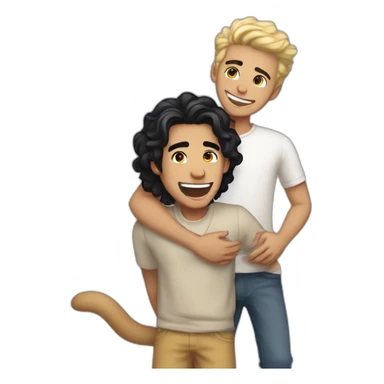 Gay couple, 1 guy Latino black straight hair and 1 Australian guy with blonde slightly curly hair with a cat laughing full body by sticker