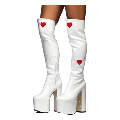 glittery white platform knee high gogo boot with heart cutout sticker