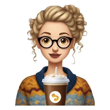A white girl with circle glasses and a curly messy bun in an oversized and patterned sweater with an iced coffee sticker