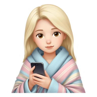 Create an emoji in Apple's iOS emoji style: a young woman wrapped in a cozy blanket, comfortably holding and looking at her smartphone. She has a neutral, relaxed expression, soft facial features, and minimalistic shading typical for Apple emojis. Colors are warm, pastel, and soothing.
 sticker