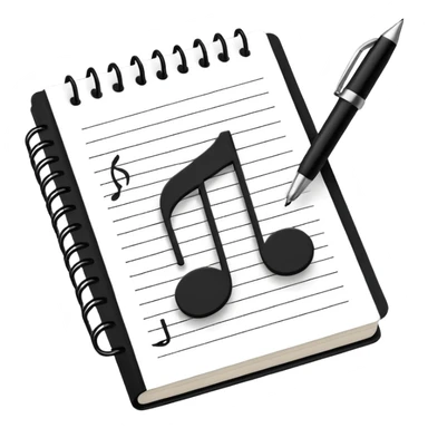 Minimalistic flat vector icon, iOS style, thin black contour on white background. Small notebook with a musical note on the cover, a pen placed next to it. Clean, modern, no text, no shadows. sticker