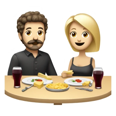 Repas raclette et deux verres de vin blanc en couple, femme blonde cheveux aux-dessus des épaules homme petite barbe et moustache grisonnantes et cheveux bruns grisonnant  sticker