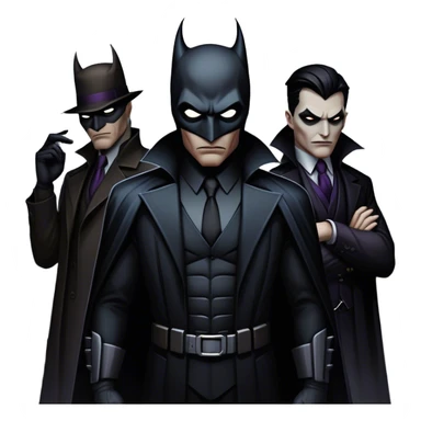 Icon for Thriller Movies: A large, dramatic collage featuring sinister villains in dark clothing. The background shows the gloomy cityscape of Gotham, with dim lighting and eerie shadows. The atmosphere should be tense, mysterious, and suspenseful. Transparent background. sticker